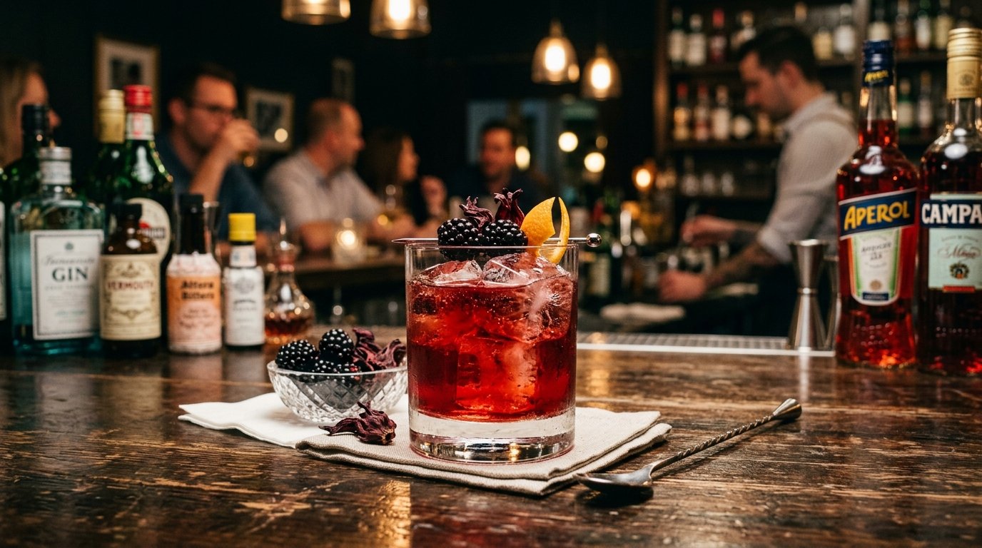 Negroni com hibisco e amora