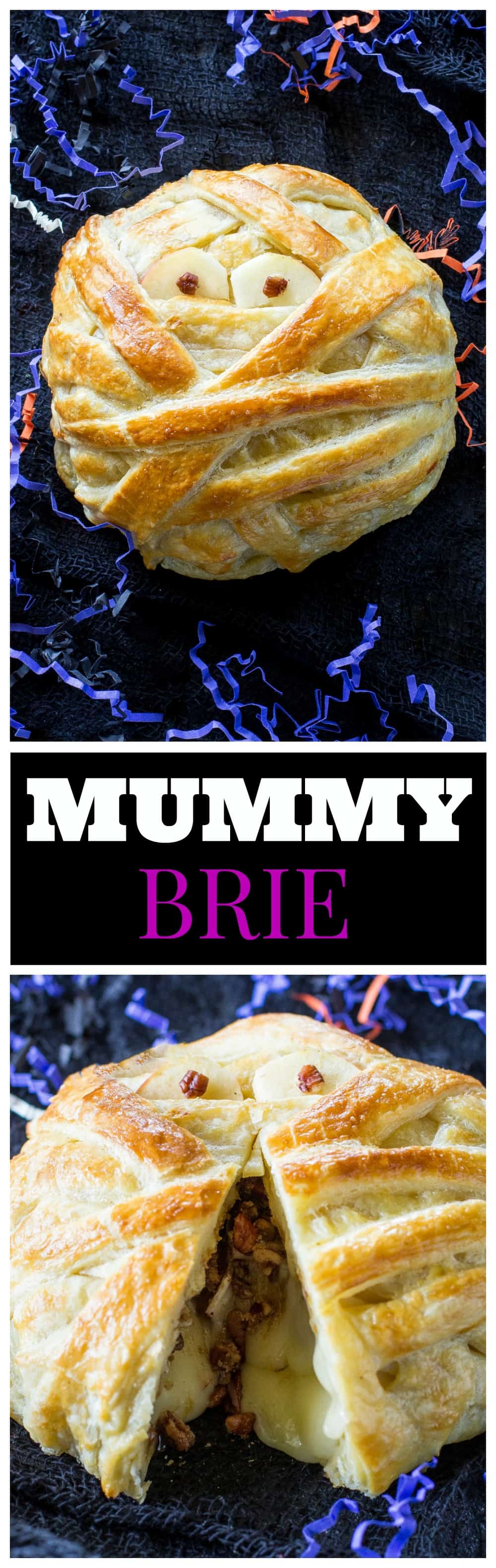 Mummy Wrapped Brie - coberto com açúcar mascavo e nozes com canela, assado dentro de massa folhada até ficar bom e pegajoso.  #halloween #aperitivo #assado #múmia #brie
