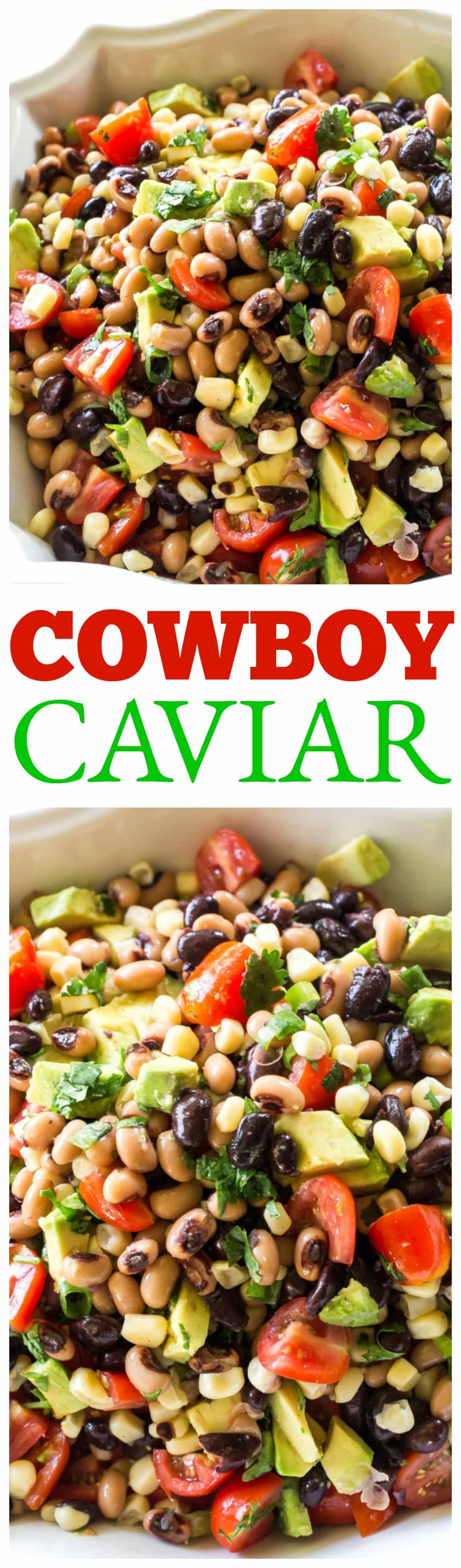 Cowboy Caviar é uma das minhas receitas favoritas para levar para uma festa ou churrasco.  Feijão preto, feijão fradinho, abacate, tomate e milho em um molho italiano leve e picante.  Coma com batatas fritas ou apenas com um garfo!  #cowboy #caviar #potluck #side #bbq #salad