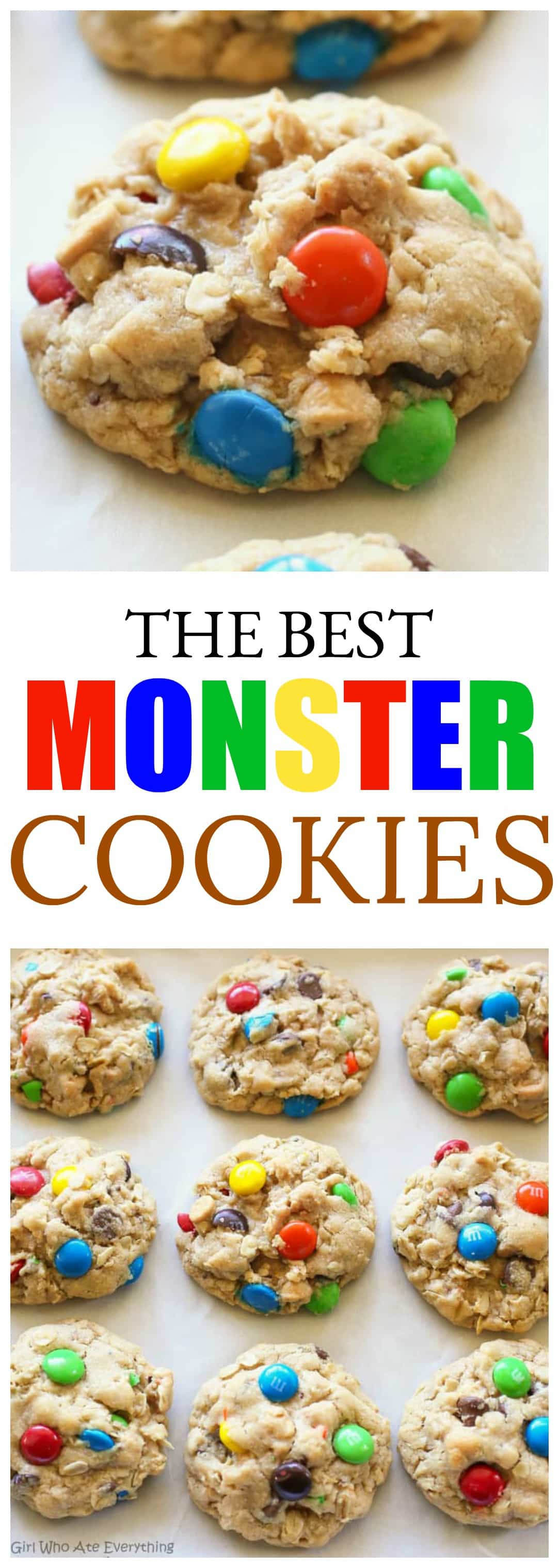 Monster Cookies - esses biscoitos grossos e macios são recheados com manteiga de amendoim, aveia, gotas de chocolate e M&Ms.  #monster #cookies #peanutbutter #receita #aveia #chewy