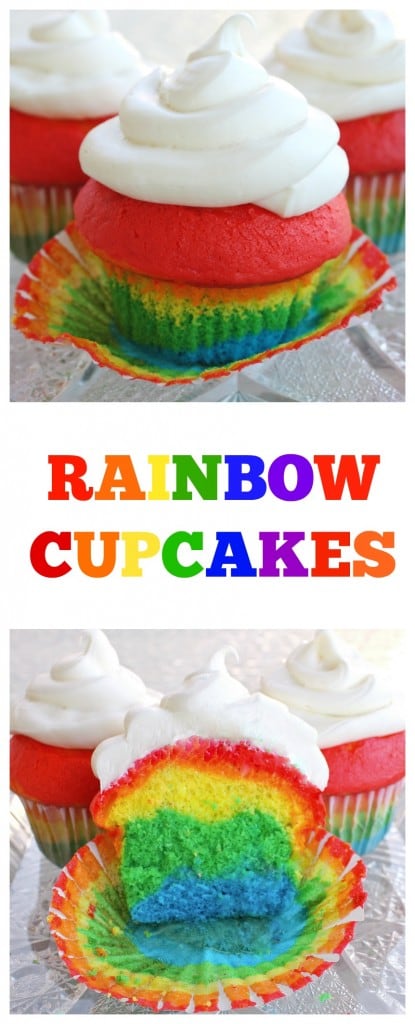 Cupcakes fáceis de arco-íris com um arco-íris mágico dentro.  #arco-íris #cupcakes #sobremesa #receita #stpatricksday