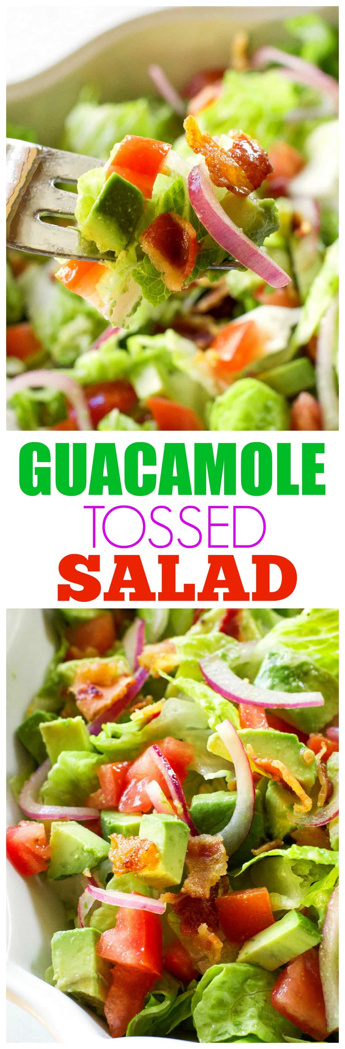 Guacamole Salad - Estou sempre procurando uma salada fácil para servir com meus pratos mexicanos e é isso!  Honestamente, você vai lamber a tigela.  #guacamole #tossed #salad #mexican #receita