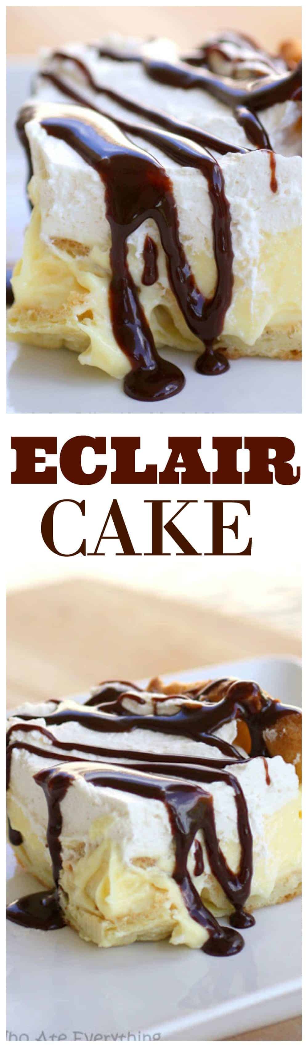 Este bolo Eclair tem uma crosta folhada de creme, camada de cream cheese de baunilha, chantilly e uma garoa de chocolate.  São todos os sabores de um eclair em forma de bolo.  #chocolate #eclair #bolo #receita #sobremesa
